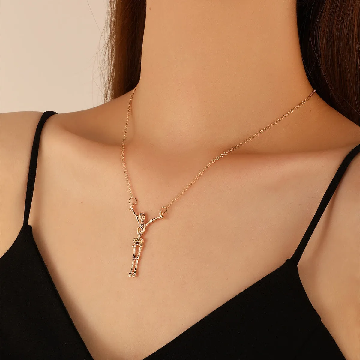 18K Gold-Plated Hanging Skeleton Pendant Necklace