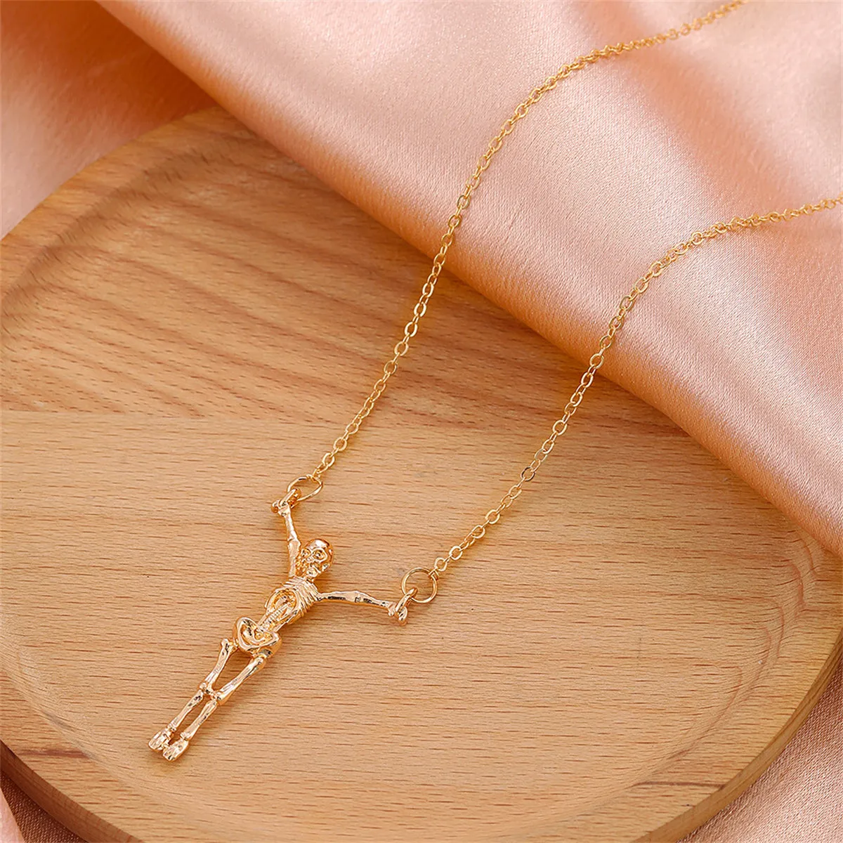 18K Gold-Plated Hanging Skeleton Pendant Necklace