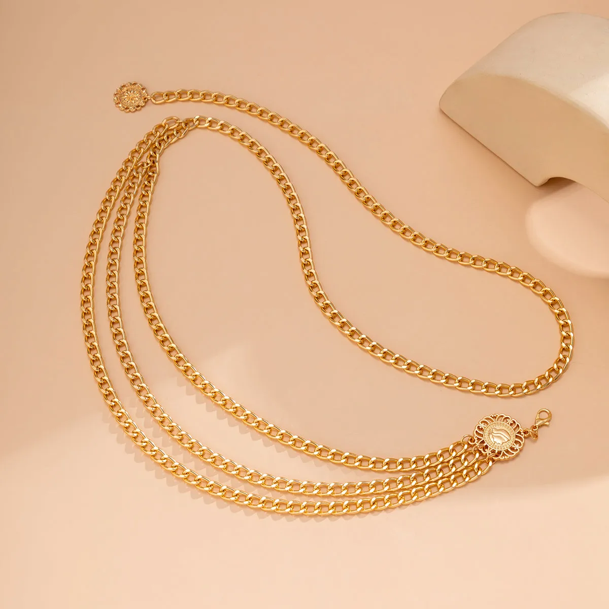18K Gold-Plated Tassel-Accent Layered Curb Chain Waist Belt