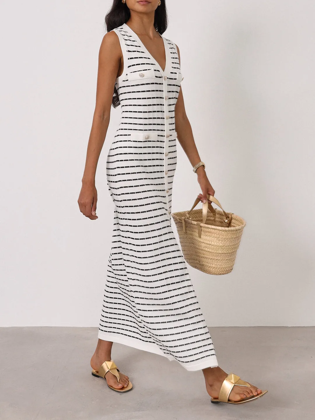 Ava Knitted Stripe Button Dress | White/Navy