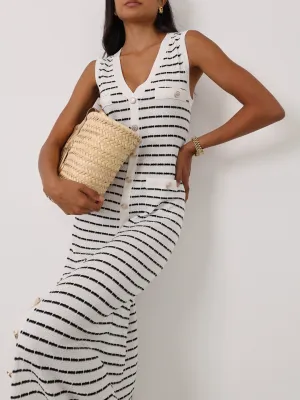 Ava Knitted Stripe Button Dress | White/Navy