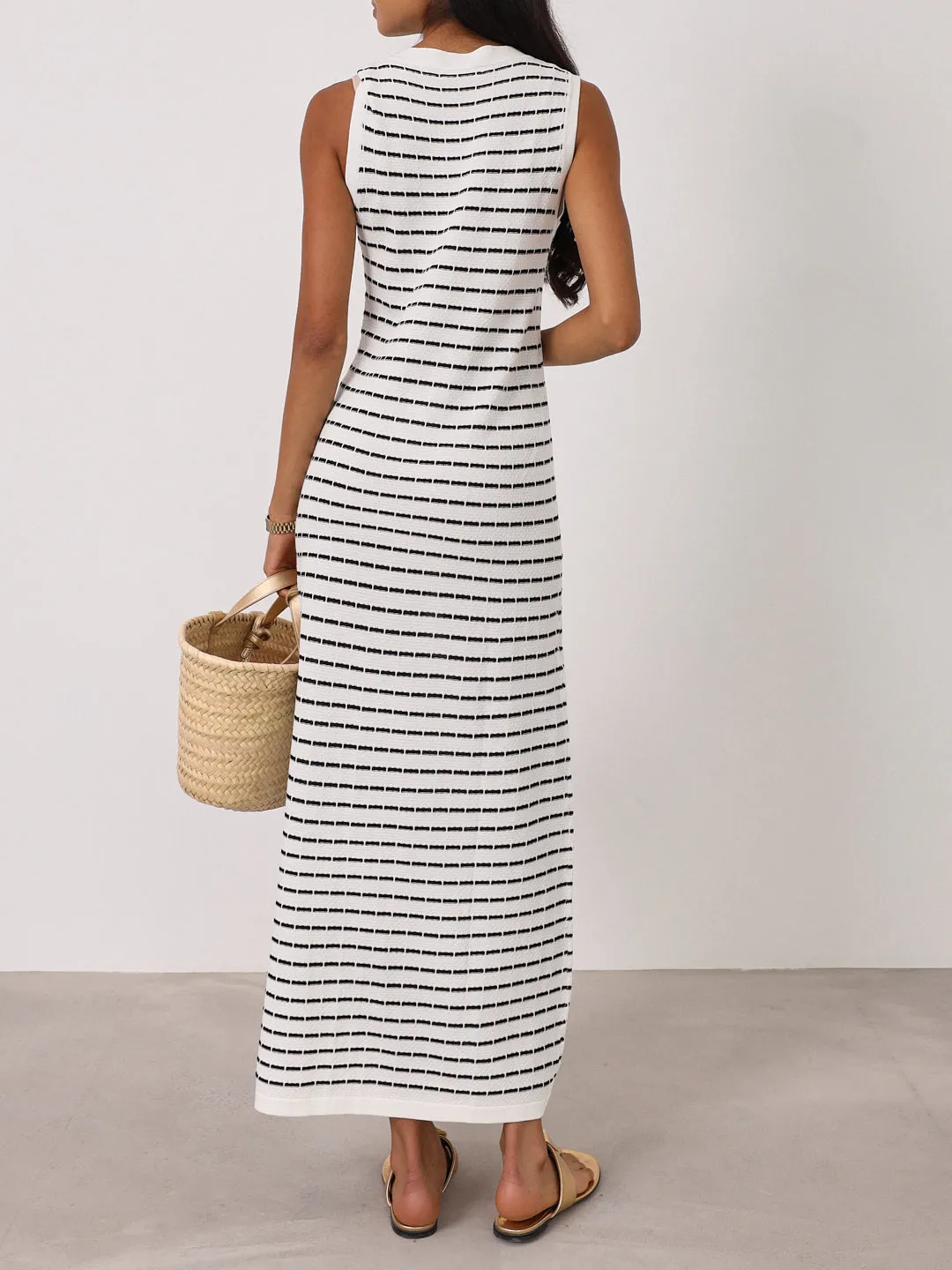 Ava Knitted Stripe Button Dress | White/Navy