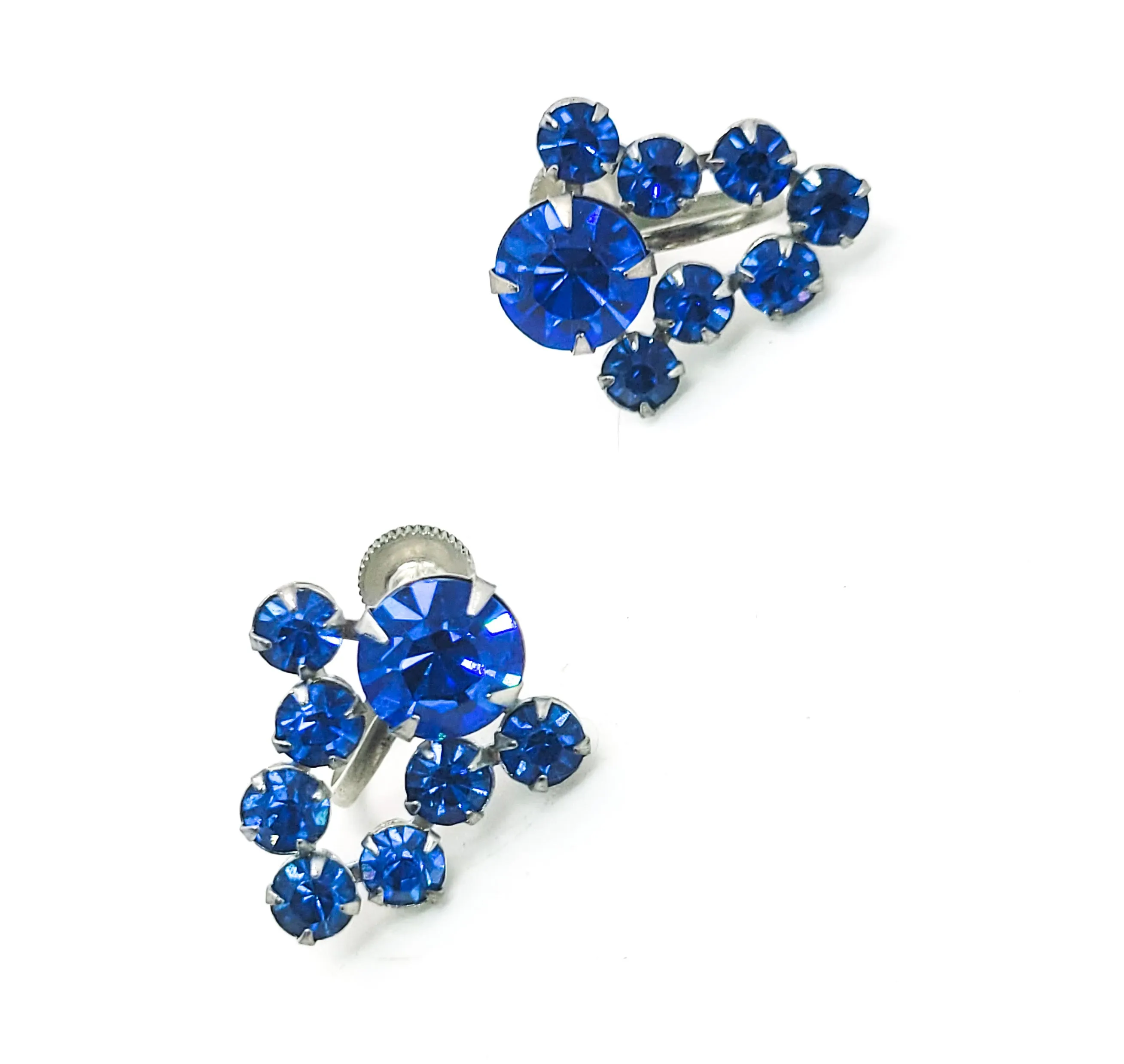 Bright blue silver toned prong set vintage screw back rhinestone earrings