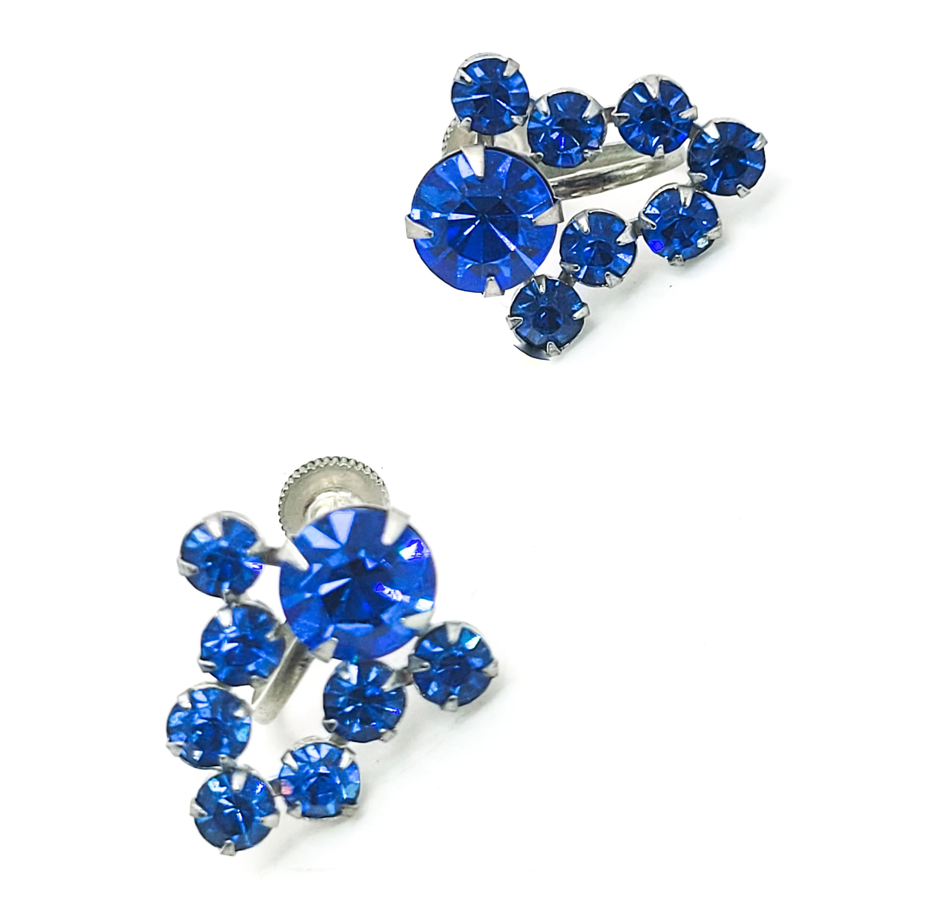 Bright blue silver toned prong set vintage screw back rhinestone earrings
