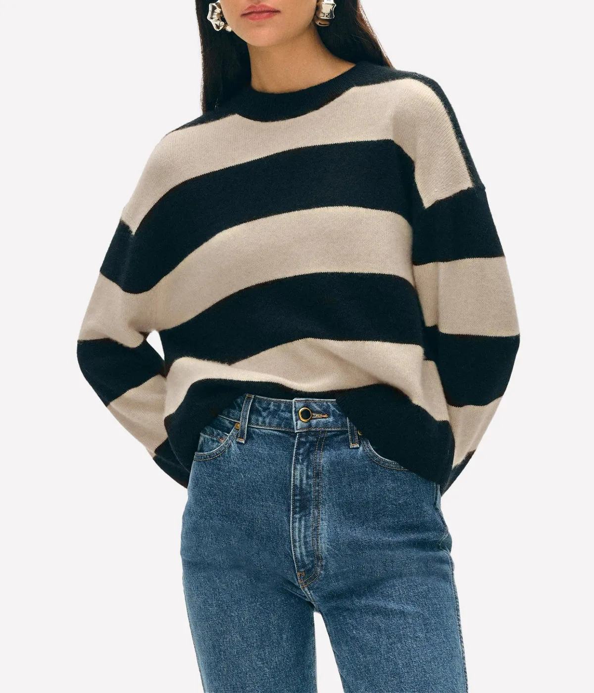 Cashmere Striped Crewneck in Black Natural