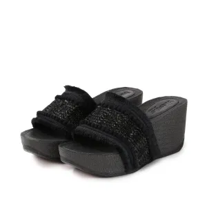Formentera Embroidery Wedge Slide Sandals (Nero)