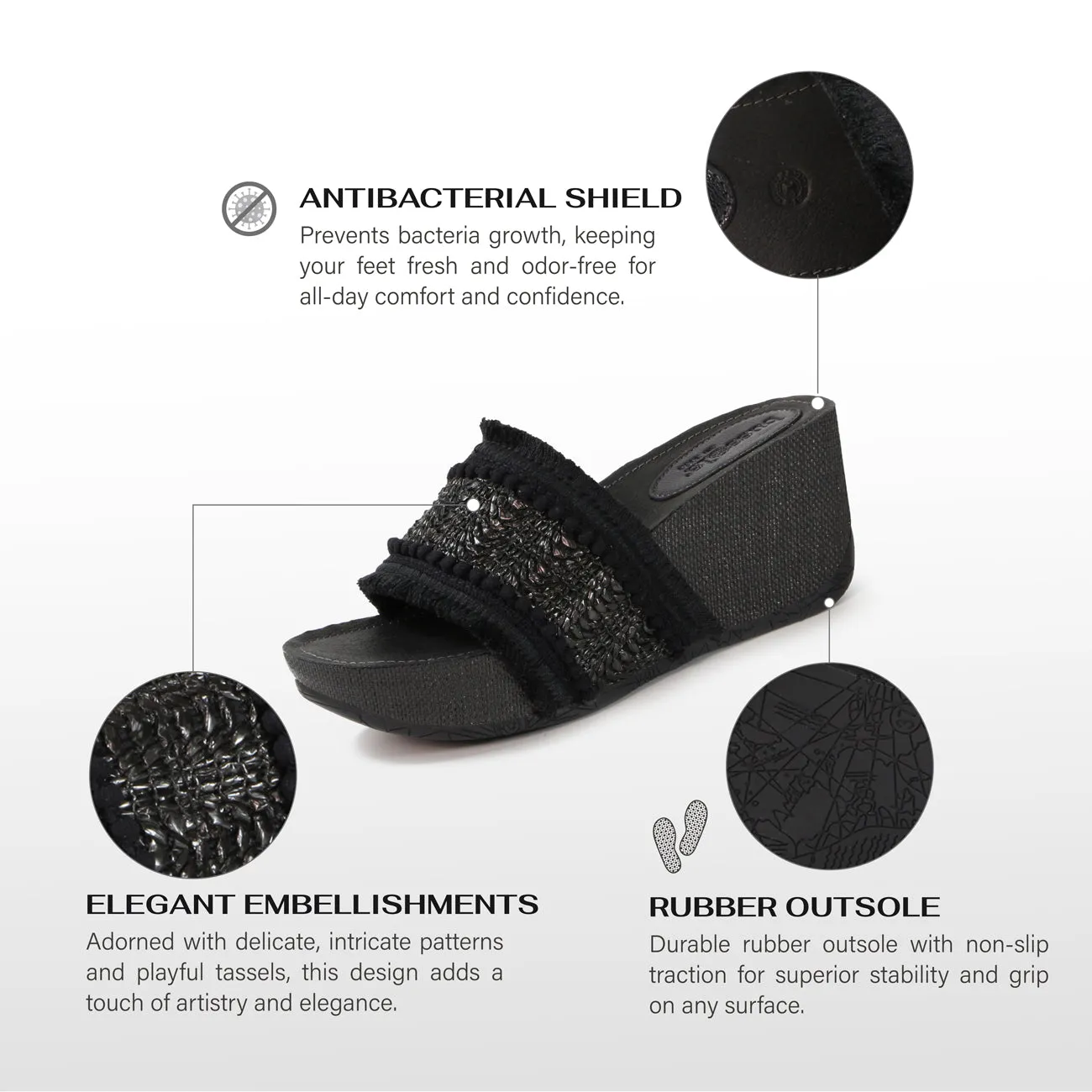 Formentera Embroidery Wedge Slide Sandals (Nero)