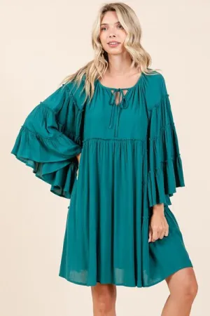 Frill Tie Neck Bell Sleeve Mini Dress