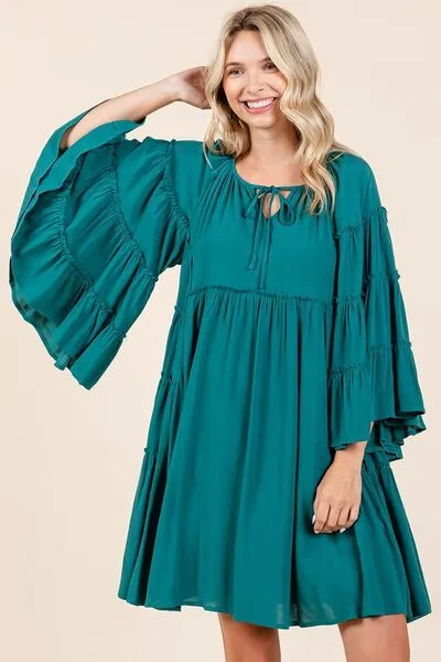 Frill Tie Neck Bell Sleeve Mini Dress