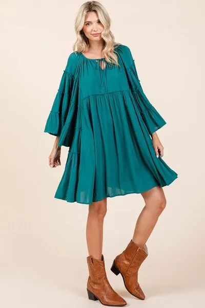 Frill Tie Neck Bell Sleeve Mini Dress