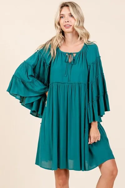 Frill Tie Neck Bell Sleeve Mini Dress