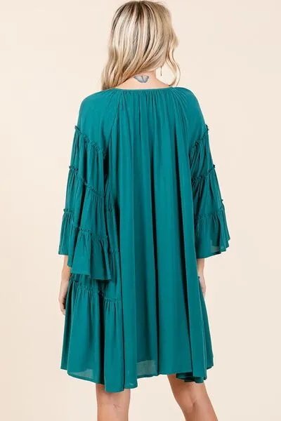 Frill Tie Neck Bell Sleeve Mini Dress