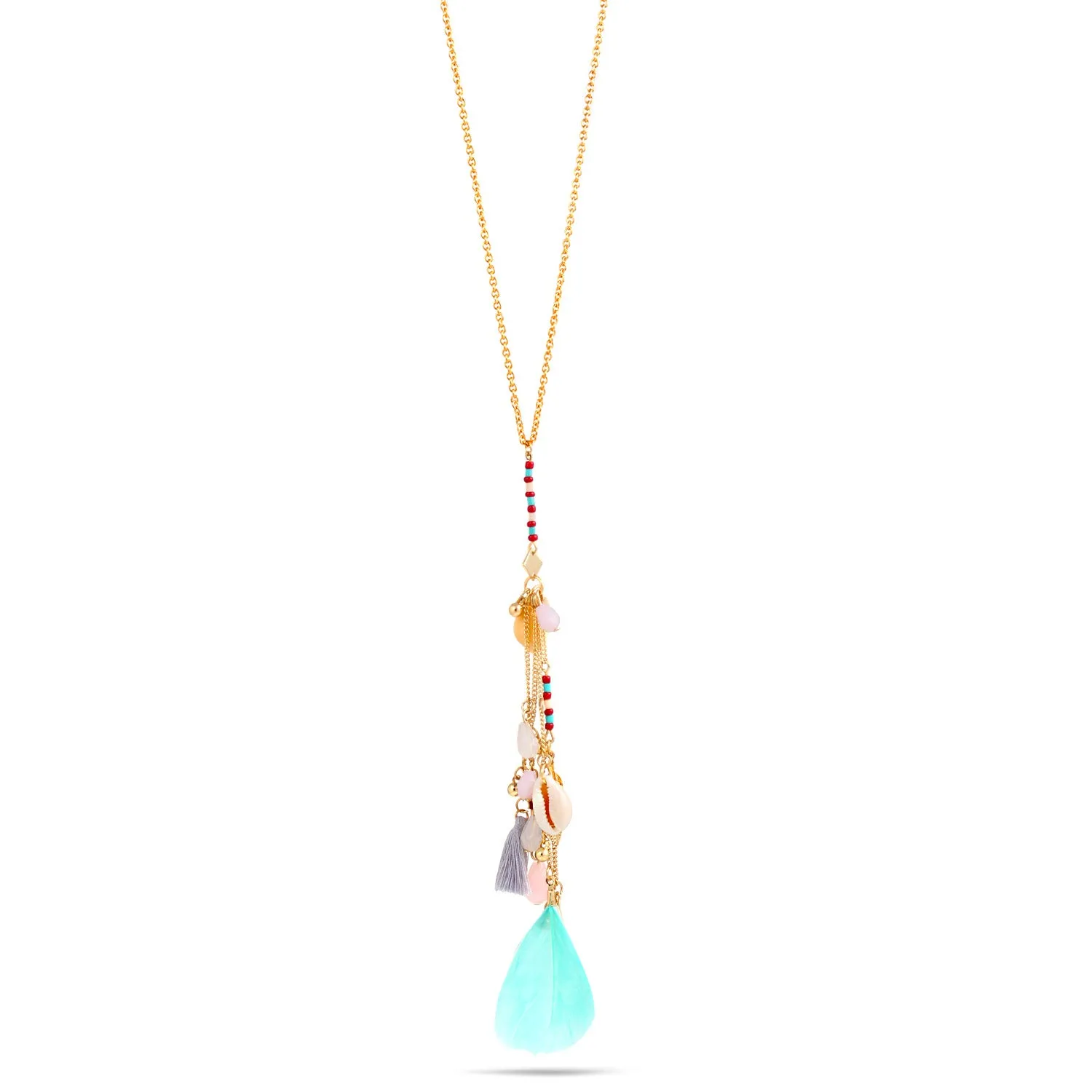 GOLD COWRI SHELL AND FEATHER CHARM TASSEL NECKLACE #SQGN711-122 (OF14)