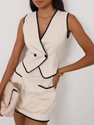 Julii Linen Blend Contrast Trim Waistcoat Top | Beige & Black