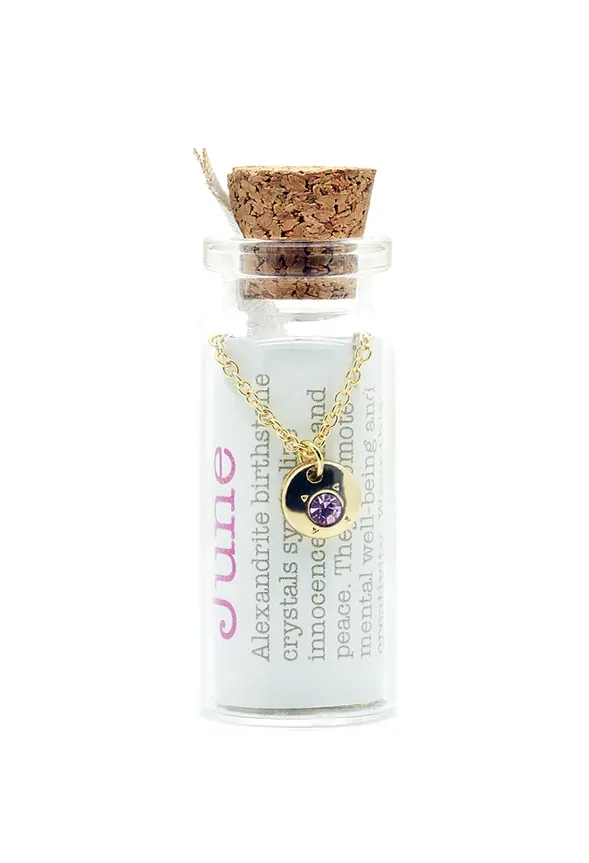 Lucky Feather Birthstone Bottle Necklace Gold - June