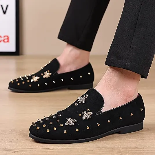 Men's Spiked Suede Smoking Loafers Rivet