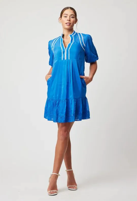 ONCE WAS Lucia Embroidered Cotton Silk Dress - Azure