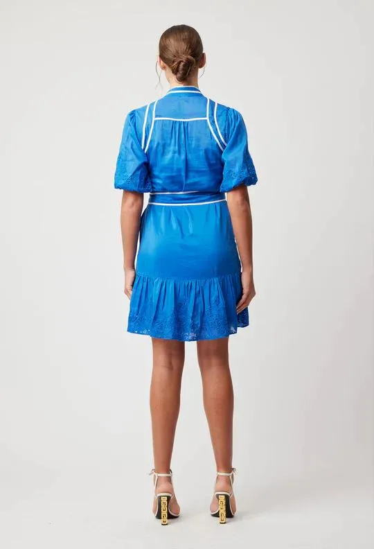 ONCE WAS Lucia Embroidered Cotton Silk Dress - Azure