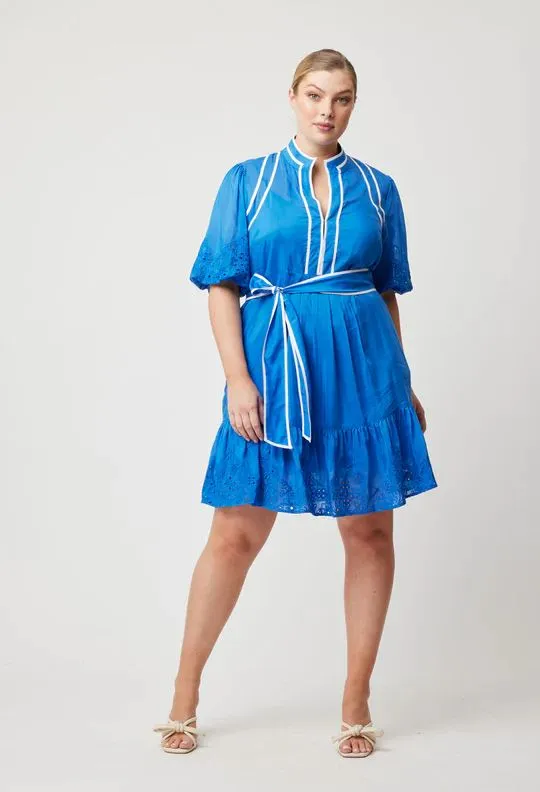 ONCE WAS Lucia Embroidered Cotton Silk Dress - Azure