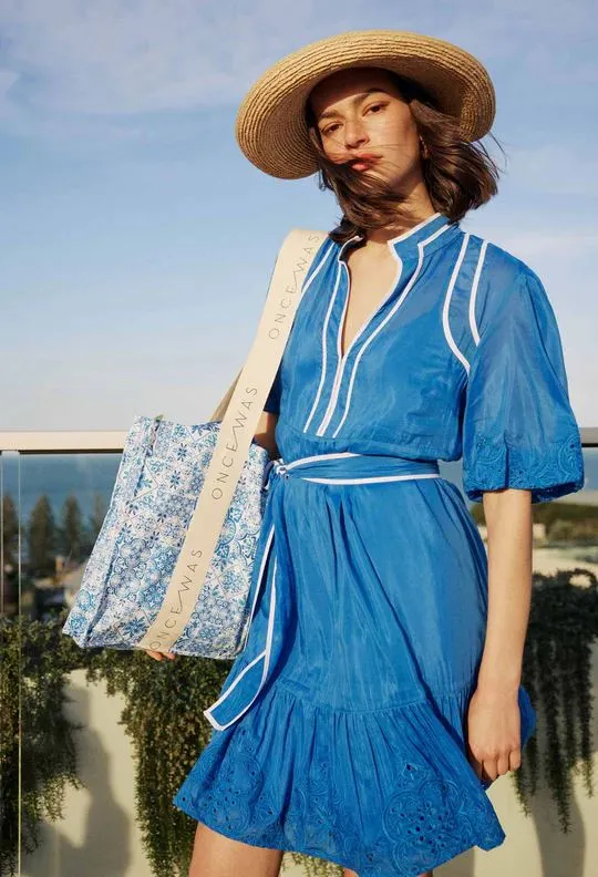 ONCE WAS Lucia Embroidered Cotton Silk Dress - Azure