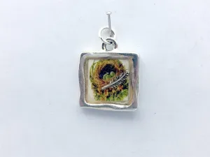Pewter with bird nest print & sterling silver feather pendant-resin, eggs, birds