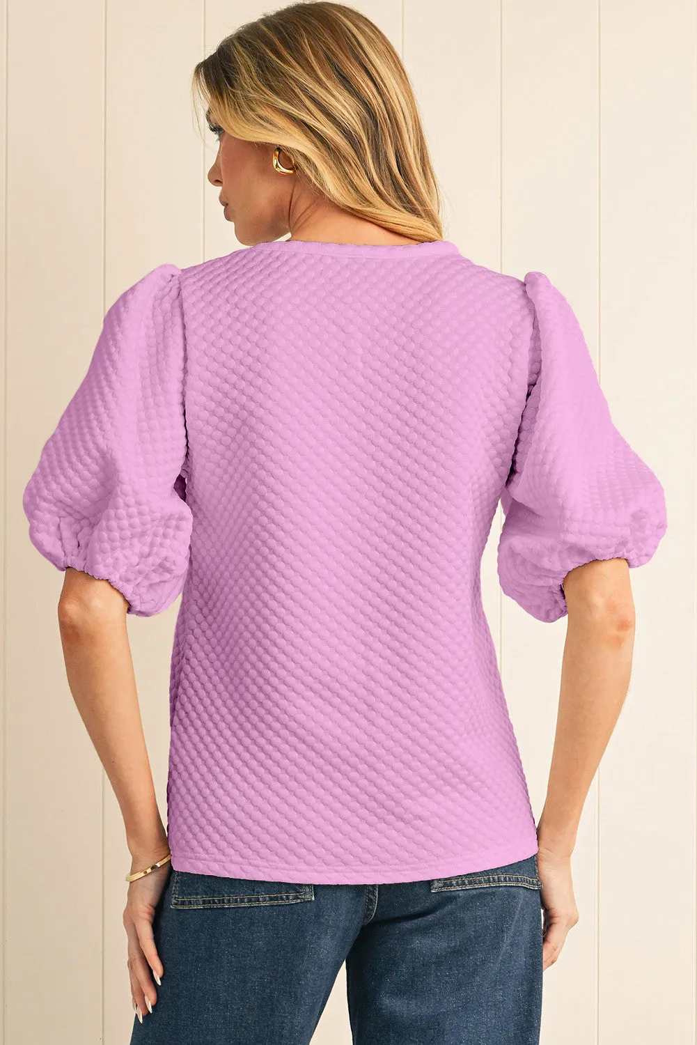 Phalaenopsis Solid Textured  Neck Puff Sleeve Blouse