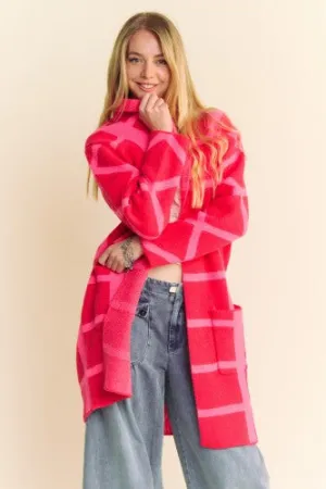 Pink   Red Bold Checker Open Midi Cardi Coat