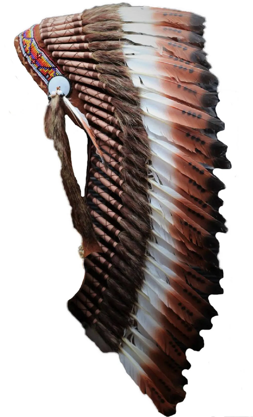 PRICE REDUCED Y18. Medium three colors brown , Feather Headdress ( 36inch long). Native American Style.