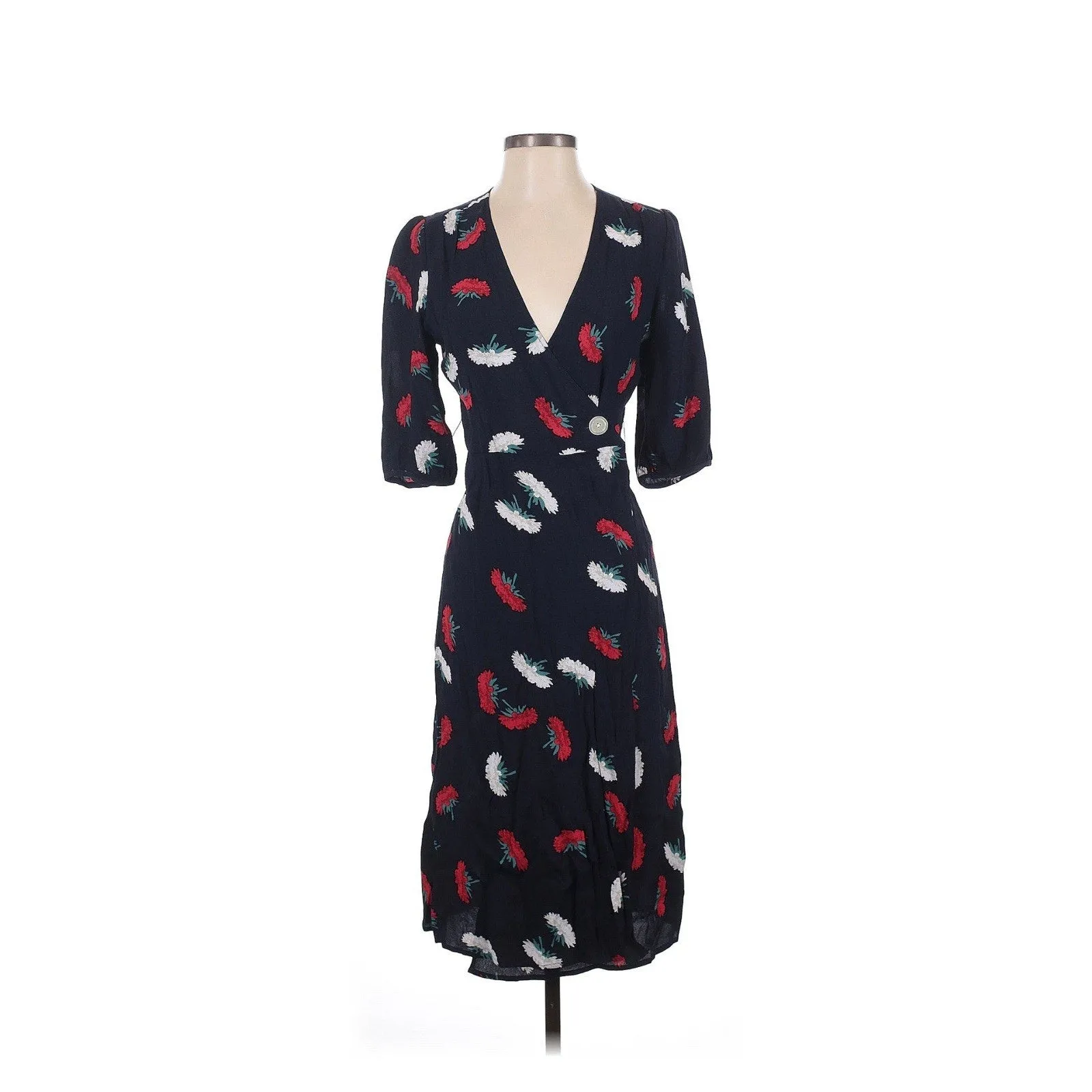 Rouje Women's Rosalie Dress – Black Red White Floral Wrap Midi (Size 36 / US 4)