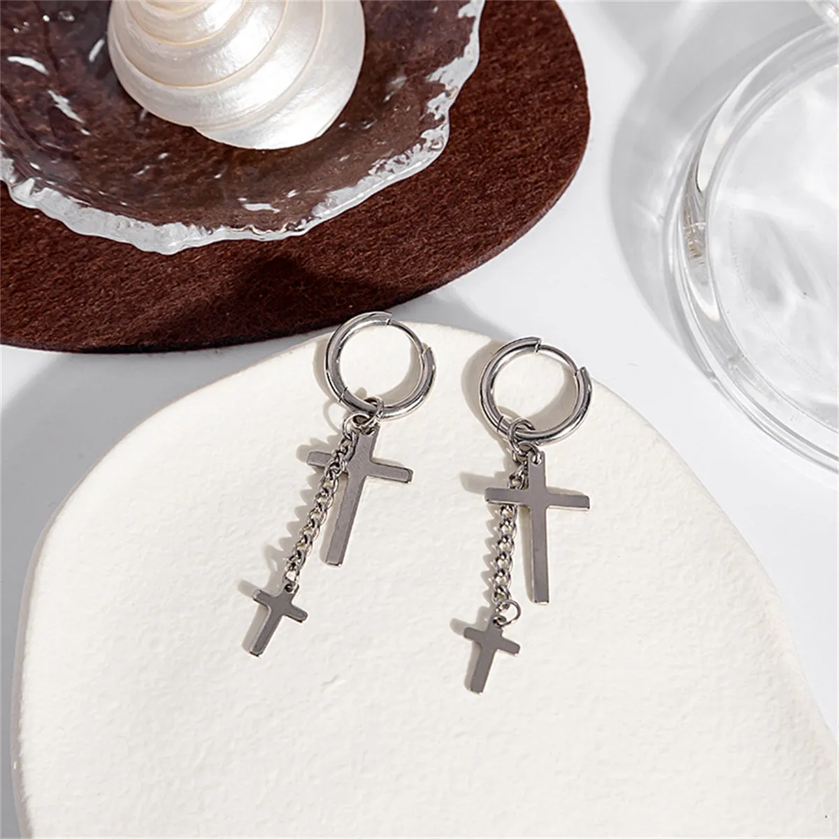 Silver-Plated Chain Cross Huggie Earrings