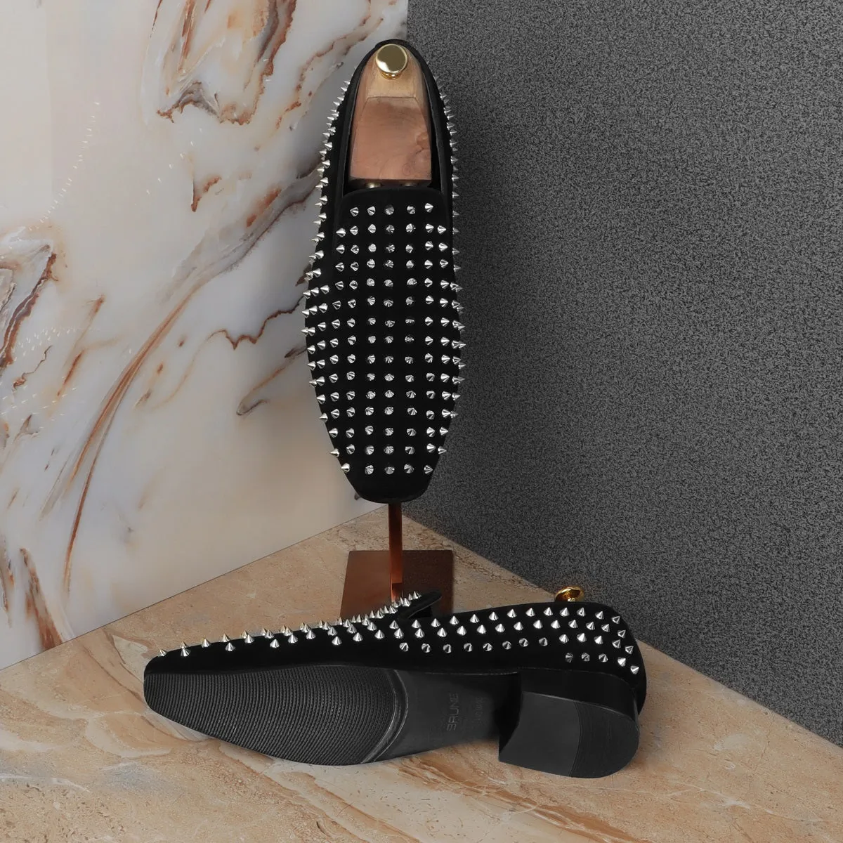 Silver Studded Sleek Toe Italian Velvet Loafer