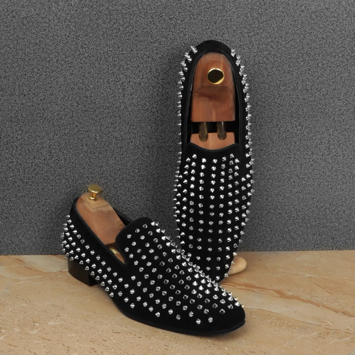 Silver Studded Sleek Toe Italian Velvet Loafer