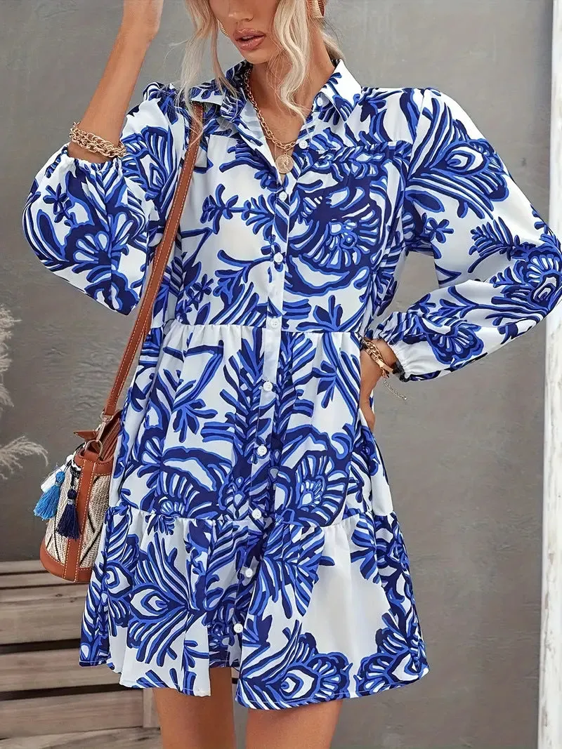 Sophisticated  Elegant Print Turndown Collar Shirt Dress for Effortless Chic