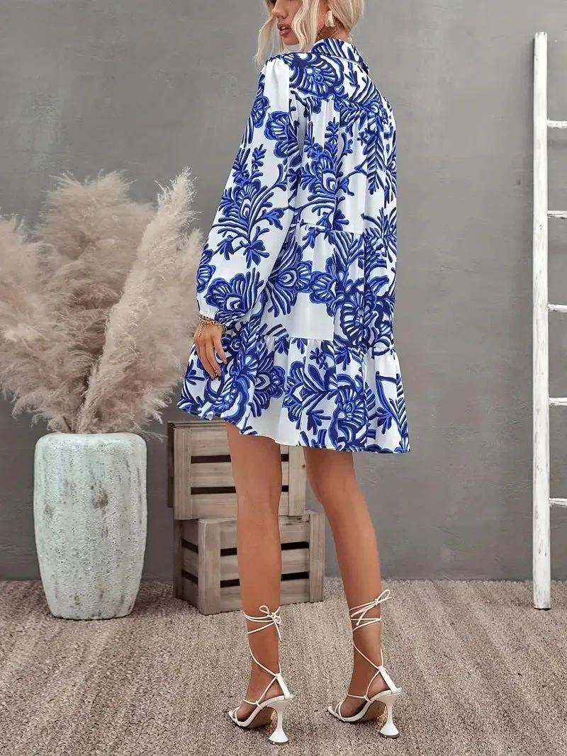 Sophisticated  Elegant Print Turndown Collar Shirt Dress for Effortless Chic