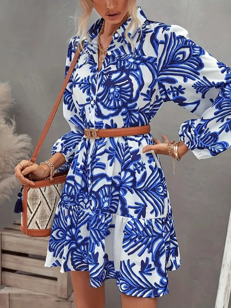 Sophisticated  Elegant Print Turndown Collar Shirt Dress for Effortless Chic