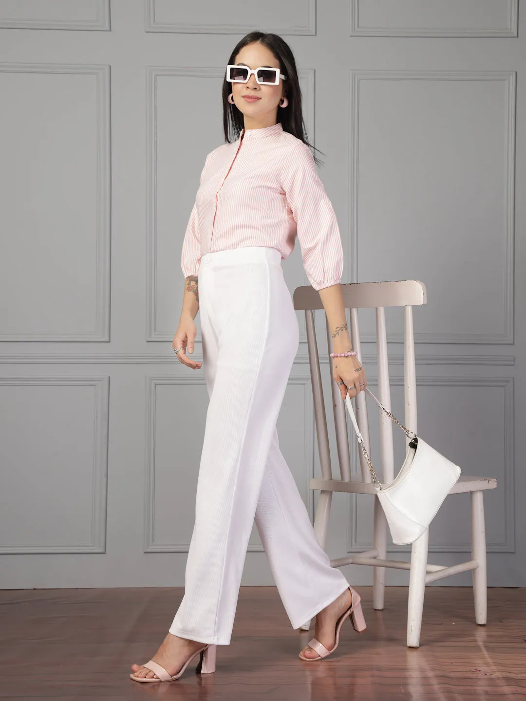 Style Quotient Women Peach and White Stripe Formal Shirt