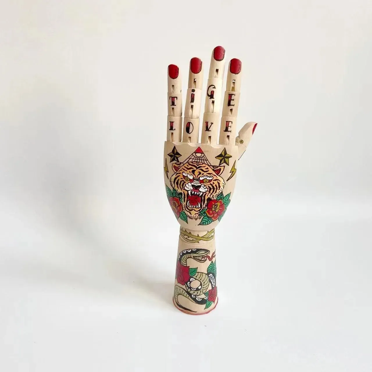 Tattooed Wooden Movable Joint Hand Decor