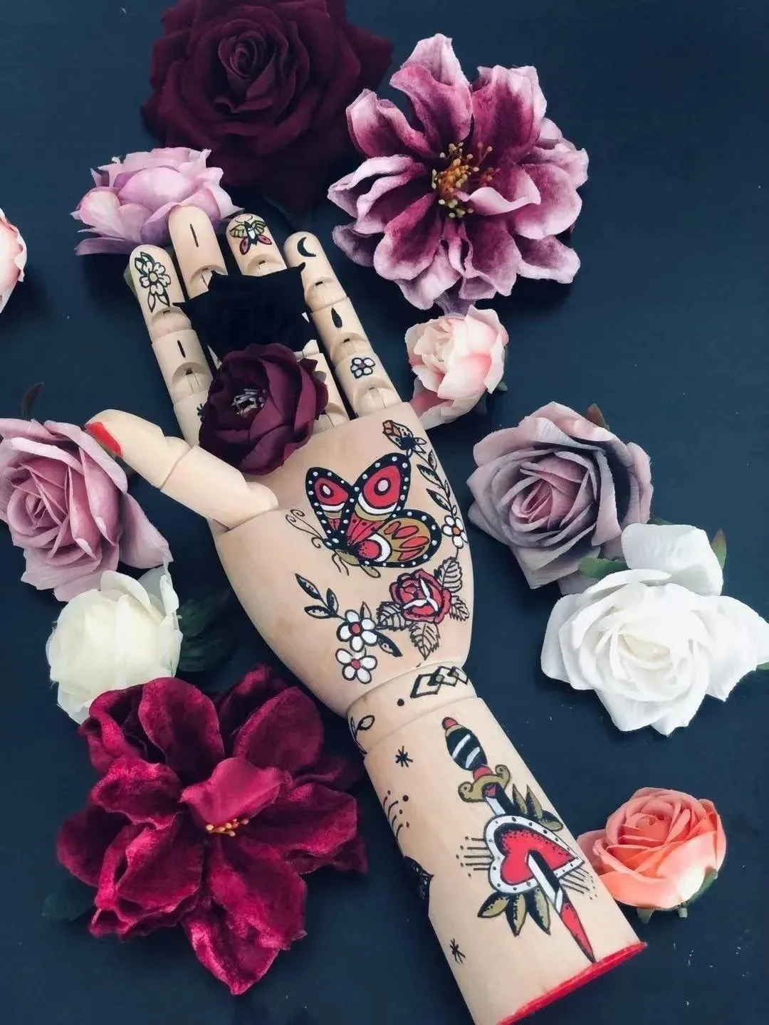 Tattooed Wooden Movable Joint Hand Decor