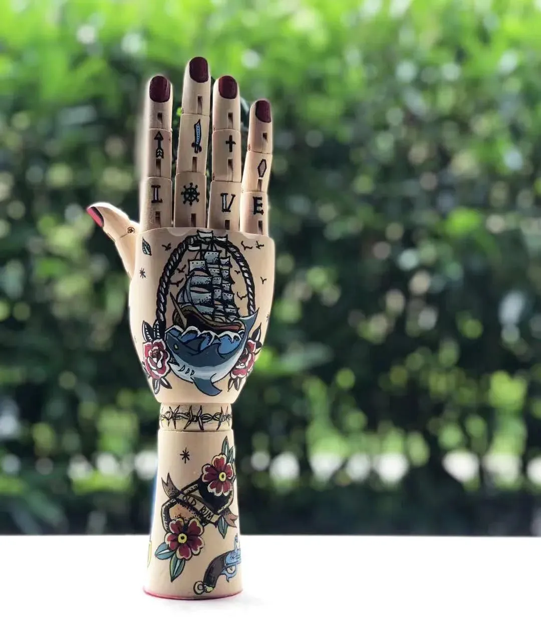 Tattooed Wooden Movable Joint Hand Decor