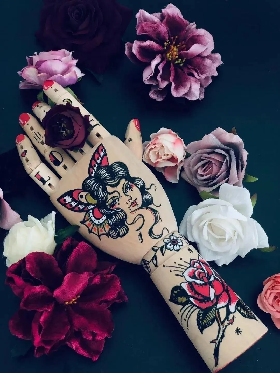 Tattooed Wooden Movable Joint Hand Decor