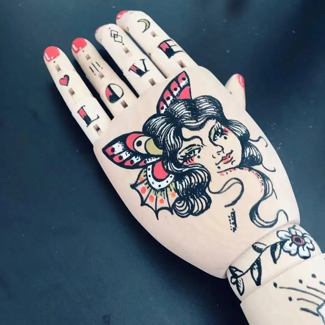 Tattooed Wooden Movable Joint Hand Decor