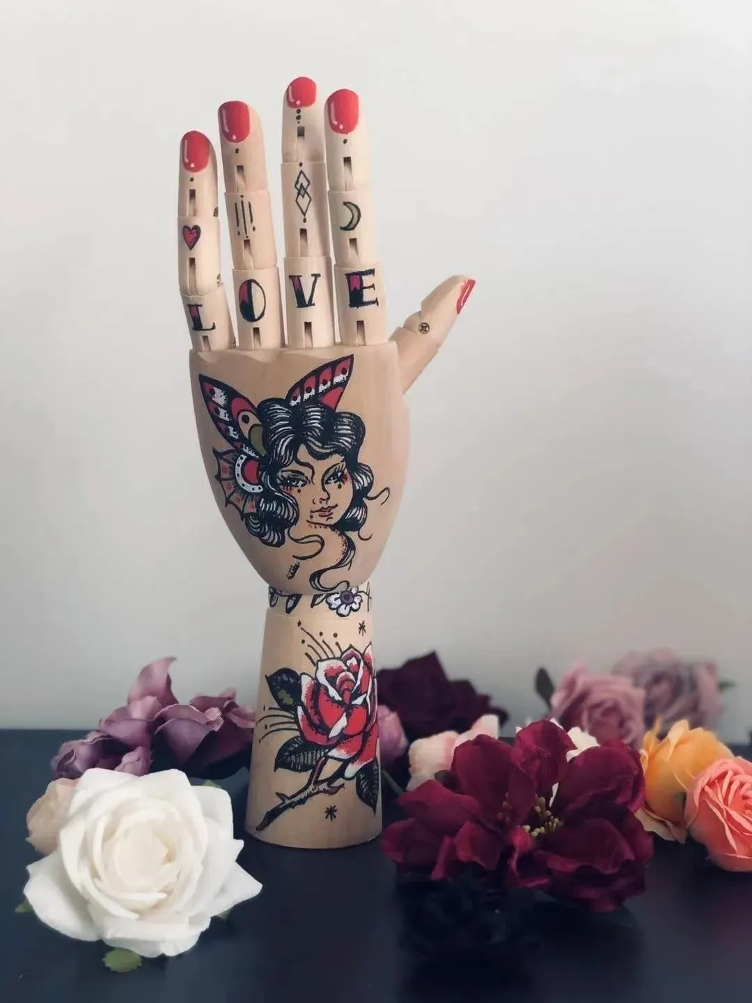 Tattooed Wooden Movable Joint Hand Decor