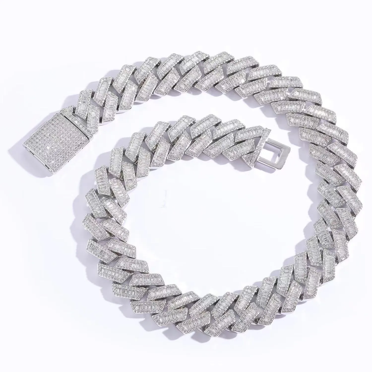 The Proud Moment® - 20mm Baguette Cut Moissanite Diamond Prong Cuban Link Chain in White Gold