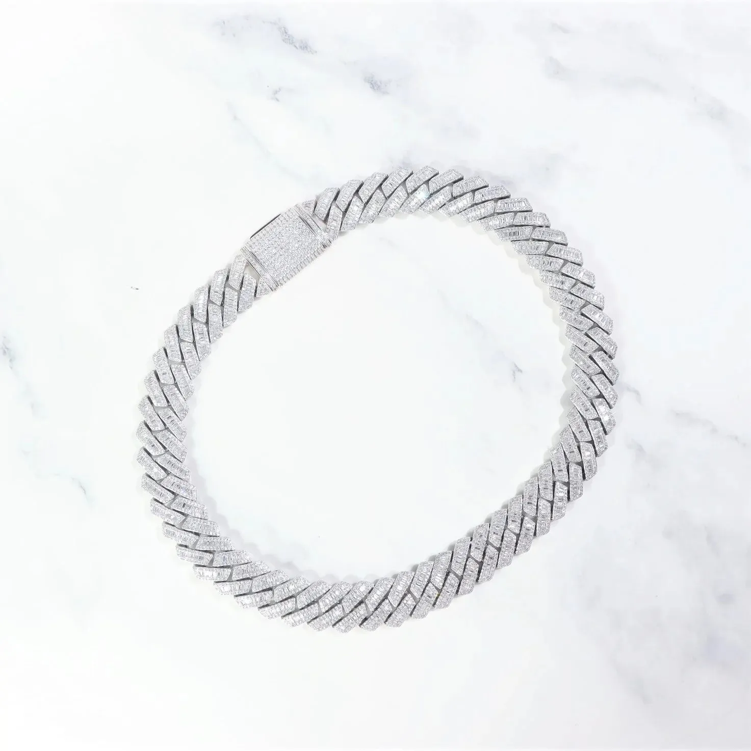 The Proud Moment® - 20mm Baguette Cut Moissanite Diamond Prong Cuban Link Chain in White Gold