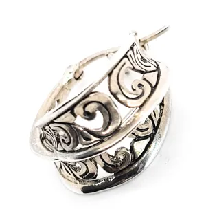 Tribal Balinese Bali style open work vintage thick sterling silver lever back hoop earrings