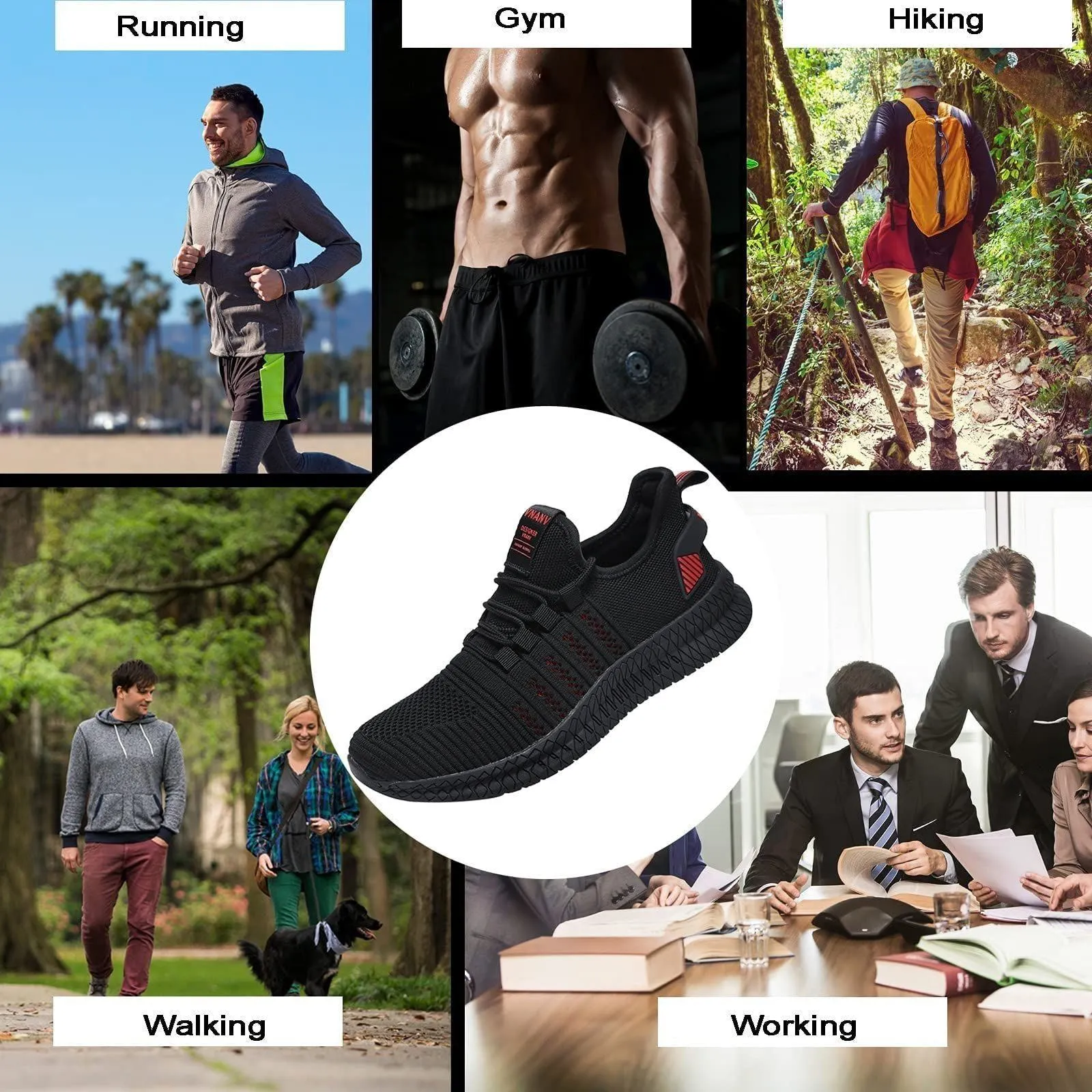 VNANV Mens Trainers Road Running Shoes Casual Sneakers Black Non Slip Tennis Shoes Breathable Walking Fitness Shoes for Men