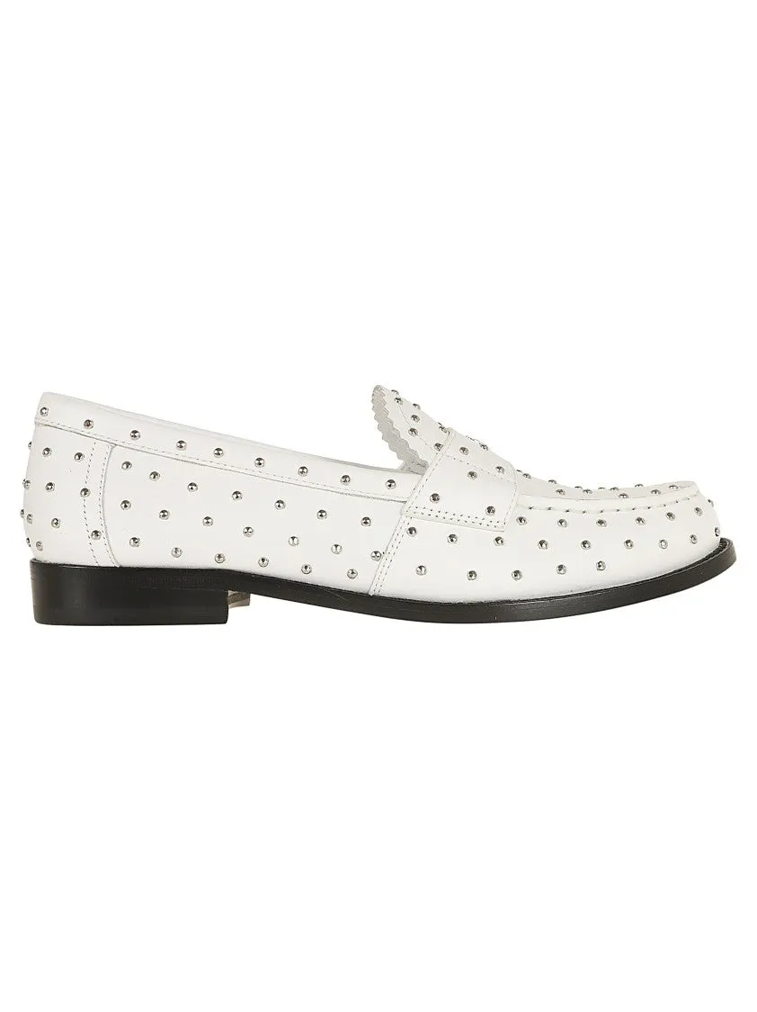 White Calfskin Studded Detailing Slip-On Shoes