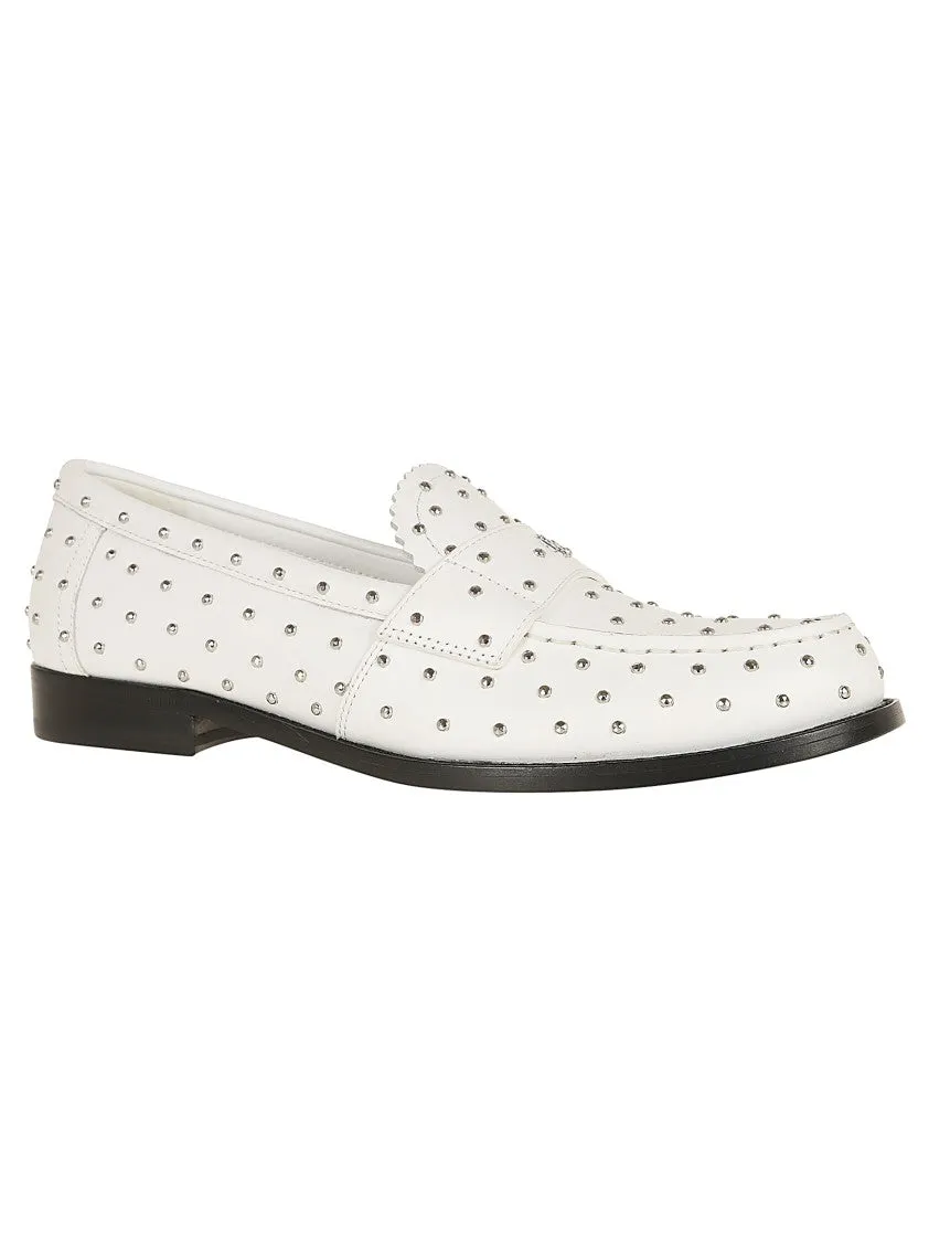White Calfskin Studded Detailing Slip-On Shoes