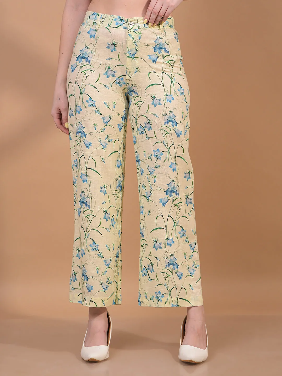 Women's Green Floral Print Wide-Leg Linen Trousers