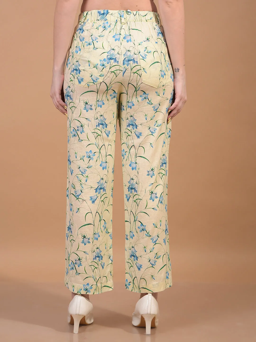 Women's Green Floral Print Wide-Leg Linen Trousers